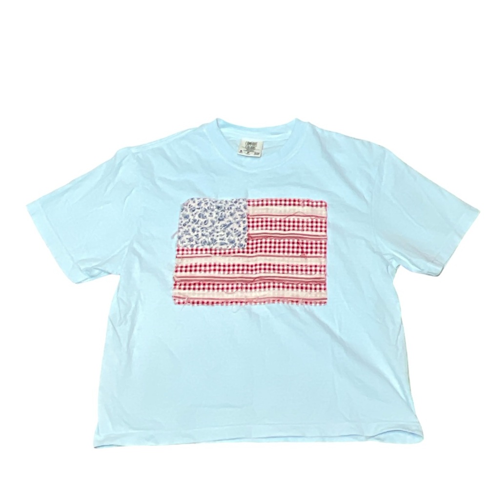 Comfort Colors Light Blue Tee patriotic patchwork Americana women’s S